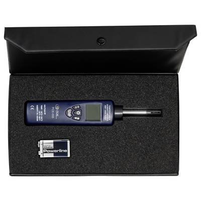 Portable PCE-EMF 828 electromagnetic field meter in a black case, with a 9V battery included.