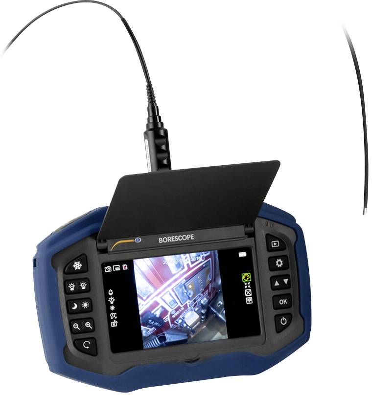 An endoscope with a monitor displays an internal image from a device. The endoscope has control buttons, a flexible cable, and is suitable for inspections.