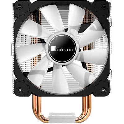 A CPU fan by Jonsbo with white blades and copper pipes, designed for cooling computer processors.
