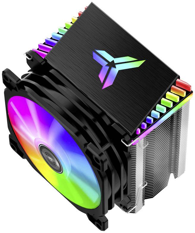 An RGB CPU cooler with a glowing, rainbow-coloured LED illumination and a fan, mounted on a heatsink.