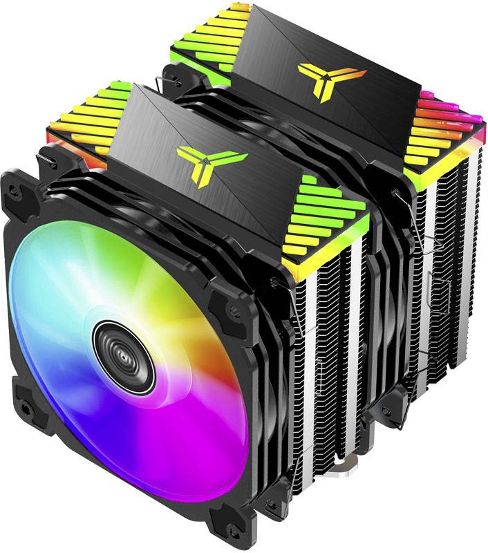 Colourful CPU air cooling with RGB lighting and dual fans in a vertical configuration.