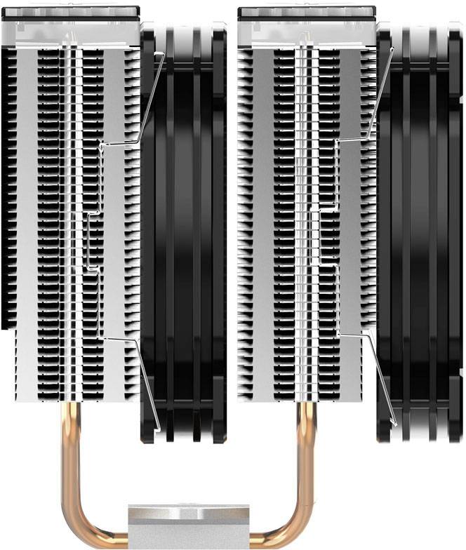 Dual-tower CPU cooler with aluminium fins and copper heat pipes, optimised for efficient cooling and silent operation.