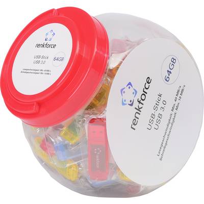 Container with 64 GB USB 3.0 drives in various colours, labelled with the 'renkforce' brand.