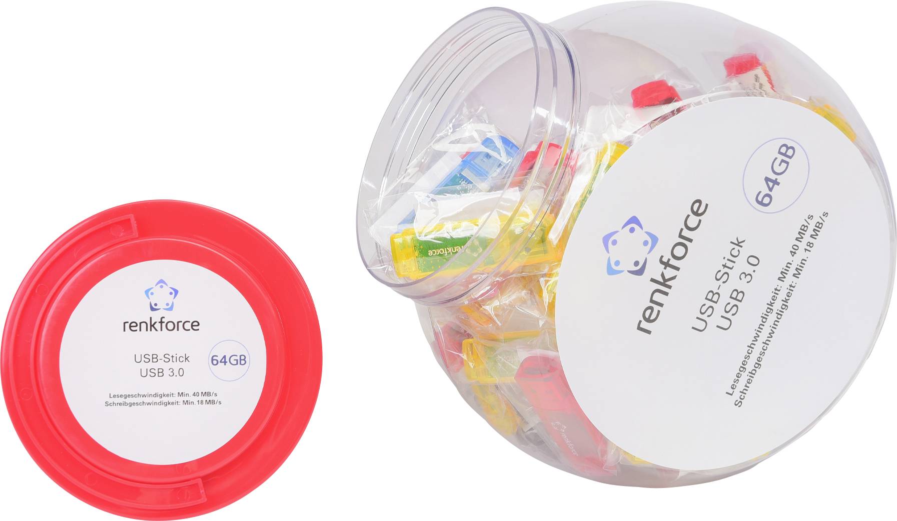 A glass jar filled with colourful USB drives. Label shows 'renkforce USB drive 64GB USB 3.0' and technical specifications.
