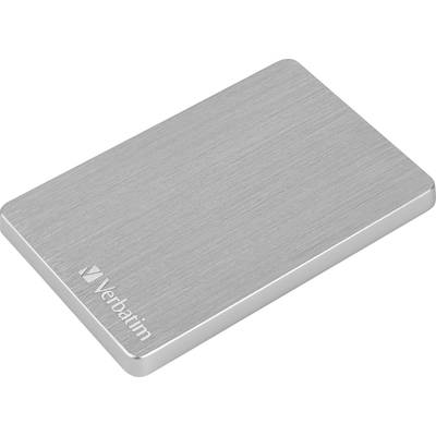 External hard drive by Verbatim in a silver enclosure, rectangular and compact.