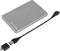 Silver external hard drive with USB cable and adapter.