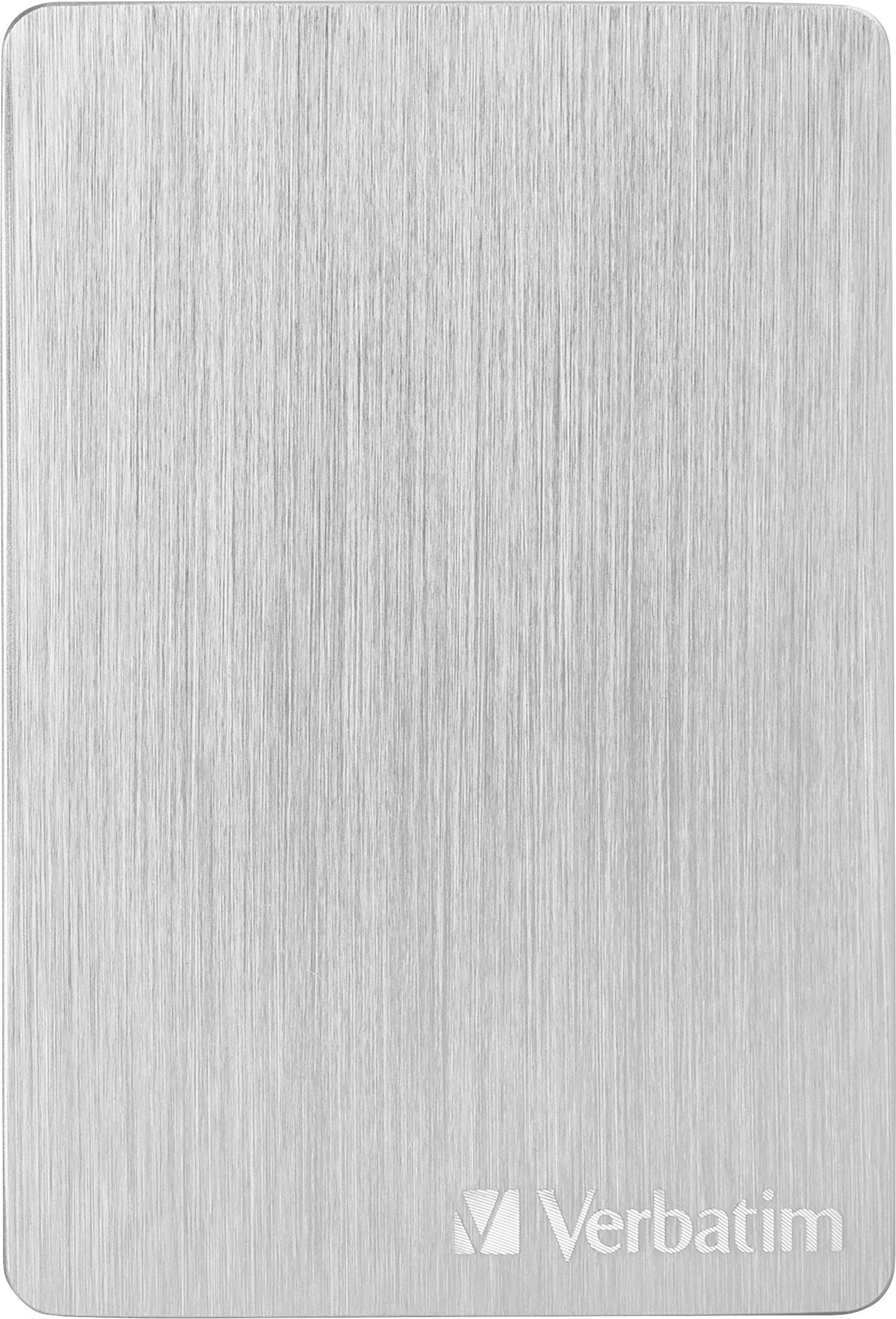 A silver external hard drive by Verbatim with a brushed metal casing.