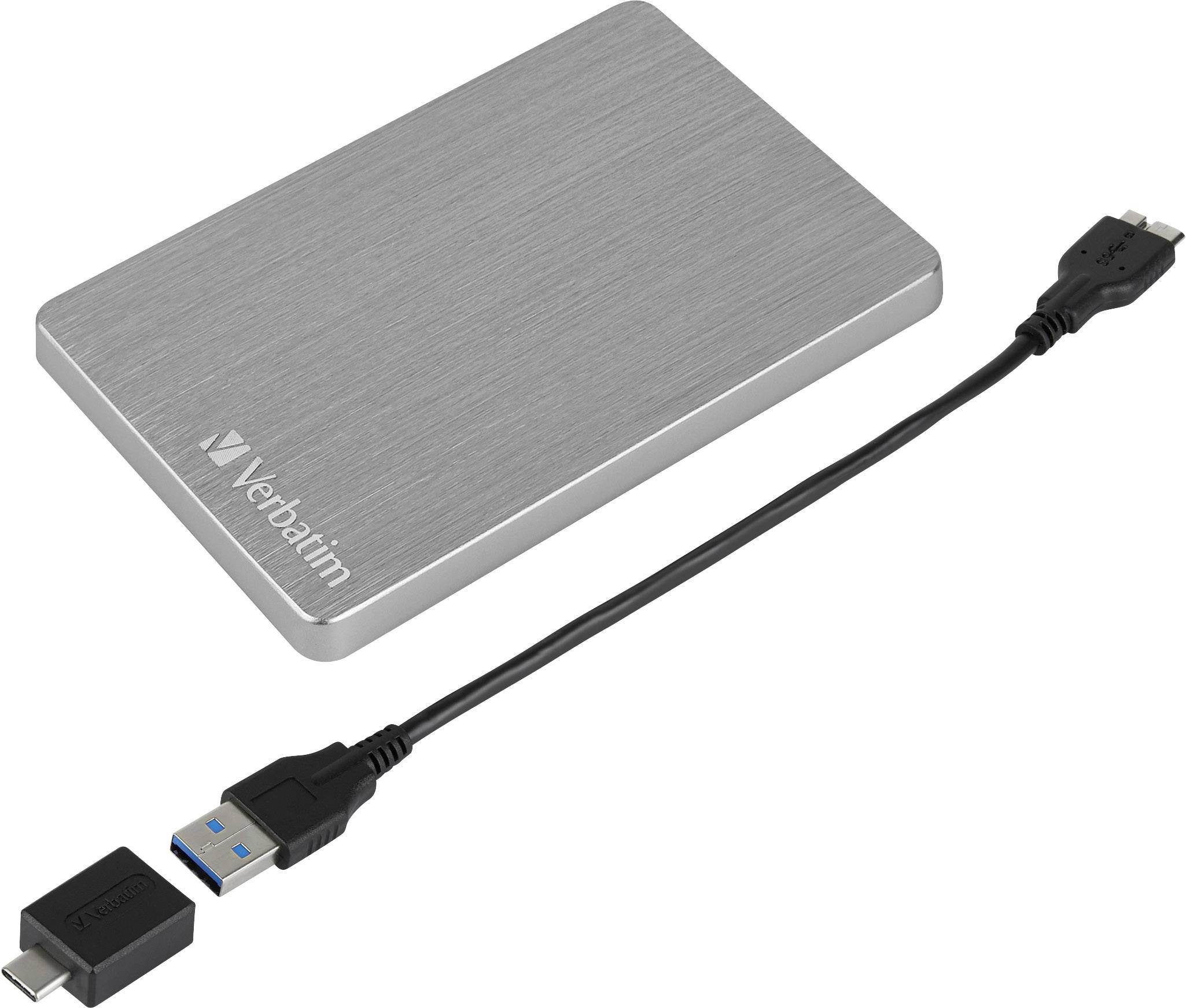 External hard drive 'Verbatim' with USB cable and adapter.