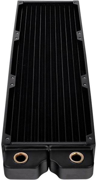 A black, rectangular water cooling radiator with two connections at the bottom. Suitable for PC cooling solutions.