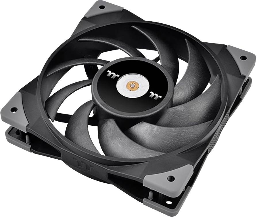 A black computer fan with grey corners on a light background. The centre displays a small logo.