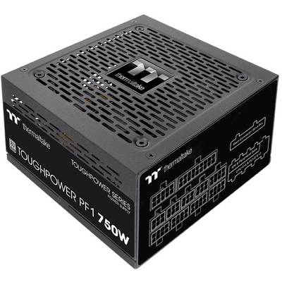 Black PC power supply with logo and text 'Thermaltake Toughpower PF1 750W'. Ventilation grille on top, connections on the side.