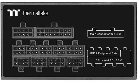 'Back of a Thermaltake power supply with multiple connection options: Main Connector 20+4 Pin, IDE & Peripheral Sata, CPU 4+4 & PCI-E 6+2.'