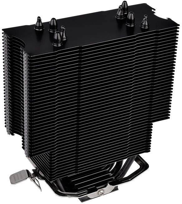 A large, black CPU cooler with multiple heat fins stacked on top of each other. At the top, there are several mounting points.