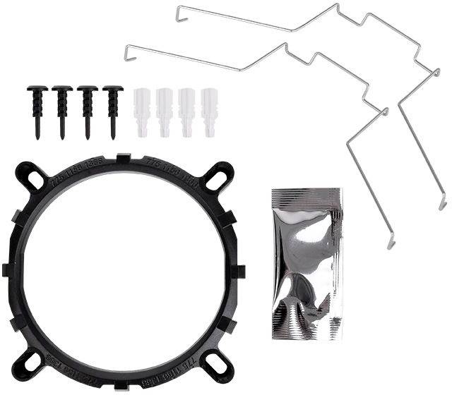 Computer fan mounting kit with screws, bracket, clips, and thermal paste.