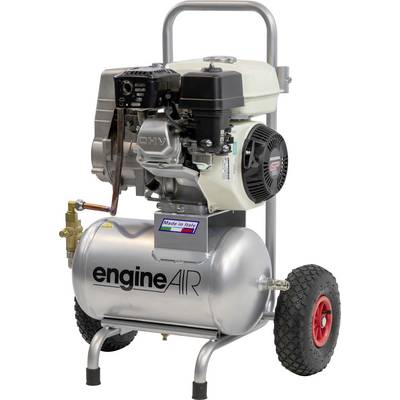 A portable compressor on two wheels with the 'engineAIR' print. Contains an engine and an air tank.