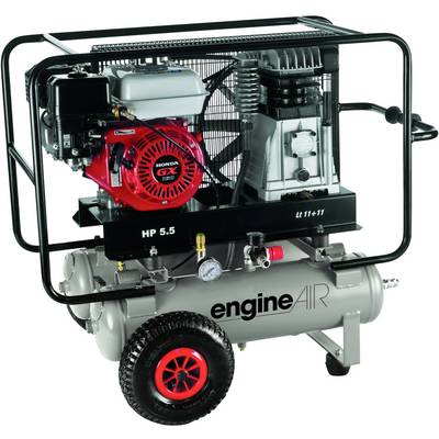 A mobile air compressor with a red motor and black protective frame on wheels. Brand 'engineAIR', Model HP 5.5.