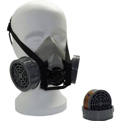 Head model wearing a respiratory protective mask, with a detached filter unit on the left.
