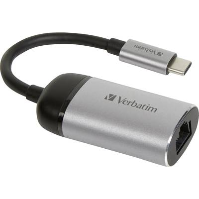 Silver Verbatim USB-C to Ethernet Adapter with RJ45 Port, for connecting devices to networks.