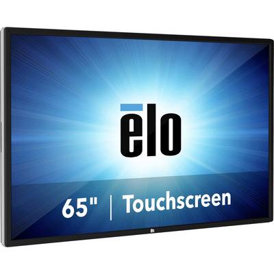 A black 65-inch touchscreen monitor by the brand 'elo' displays a blue illumination in the background.