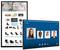 A screen displays an online shoe collection with multiple product icons. Another screen shows a video conference call with four people.