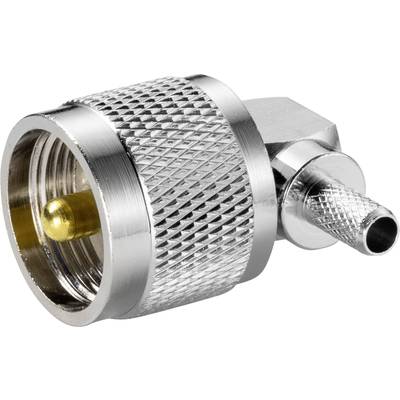 Metallic RF connector with a knurled surface and a central gold-plated pin, suitable for coaxial cable connections.