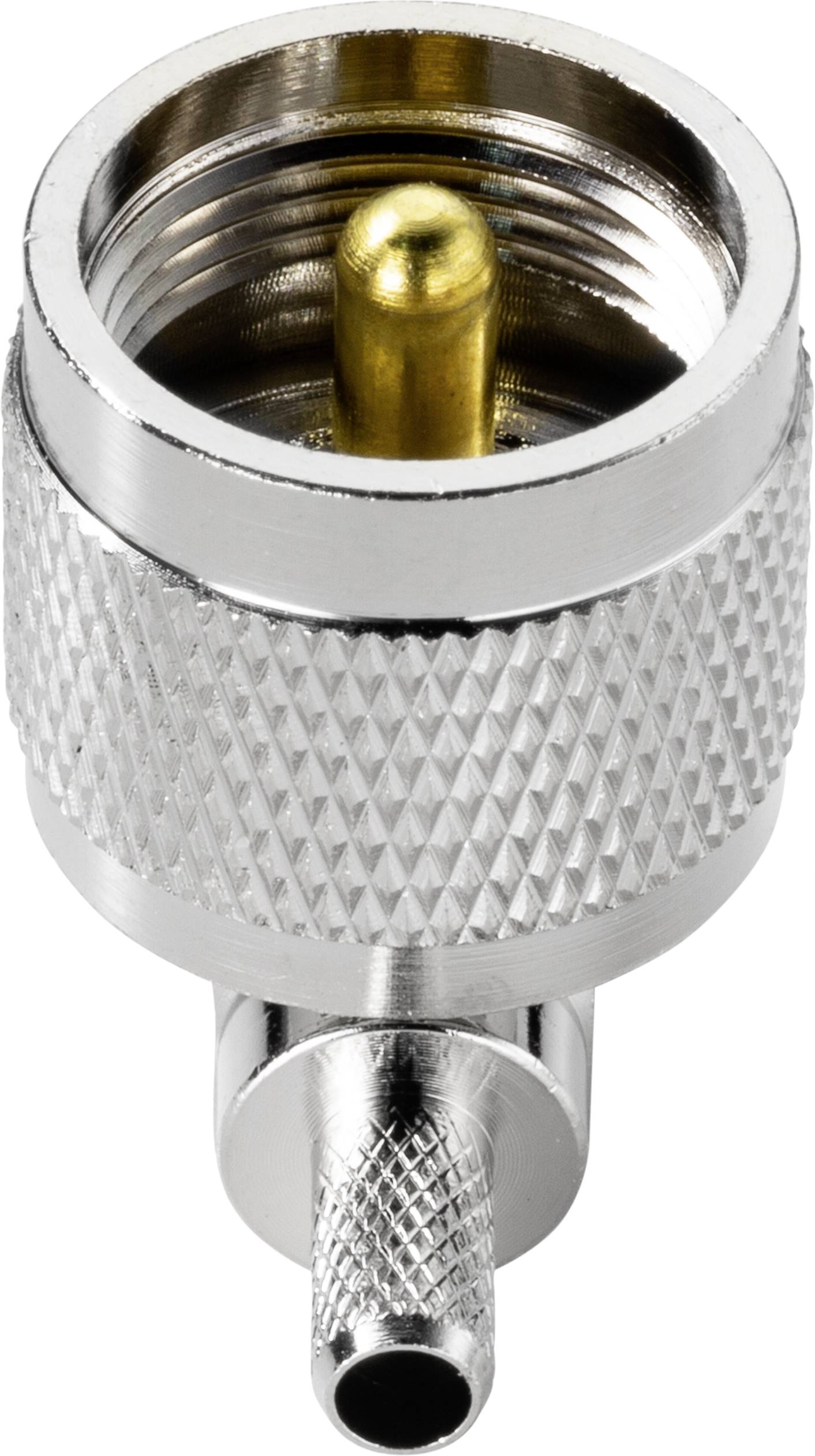 Metal plug with a golden inner pin and knurled silver exterior, likely for coaxial cable connections.