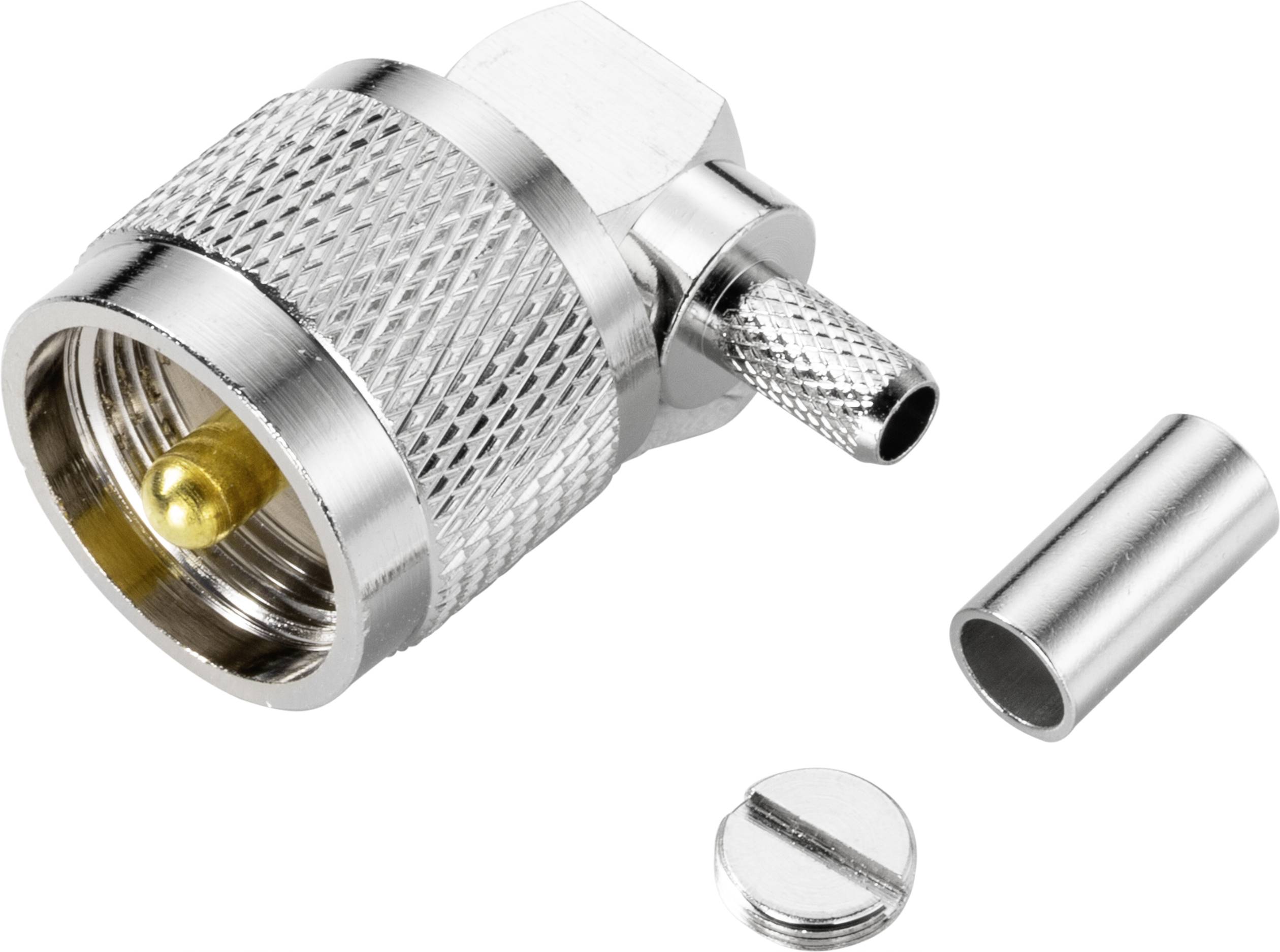A coaxial TNC plug with a metal housing shows internal threads, central pin, and removable part, suitable for cable connections.