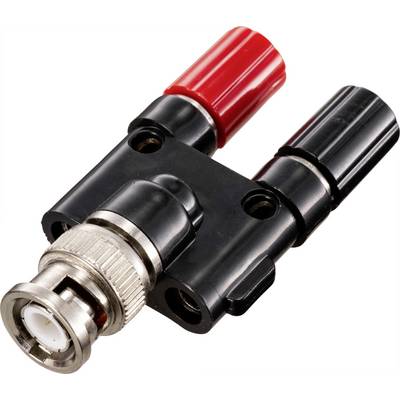 'BNC connector with two banana sockets, red and black, on a white background. Electronic connecting piece.'
