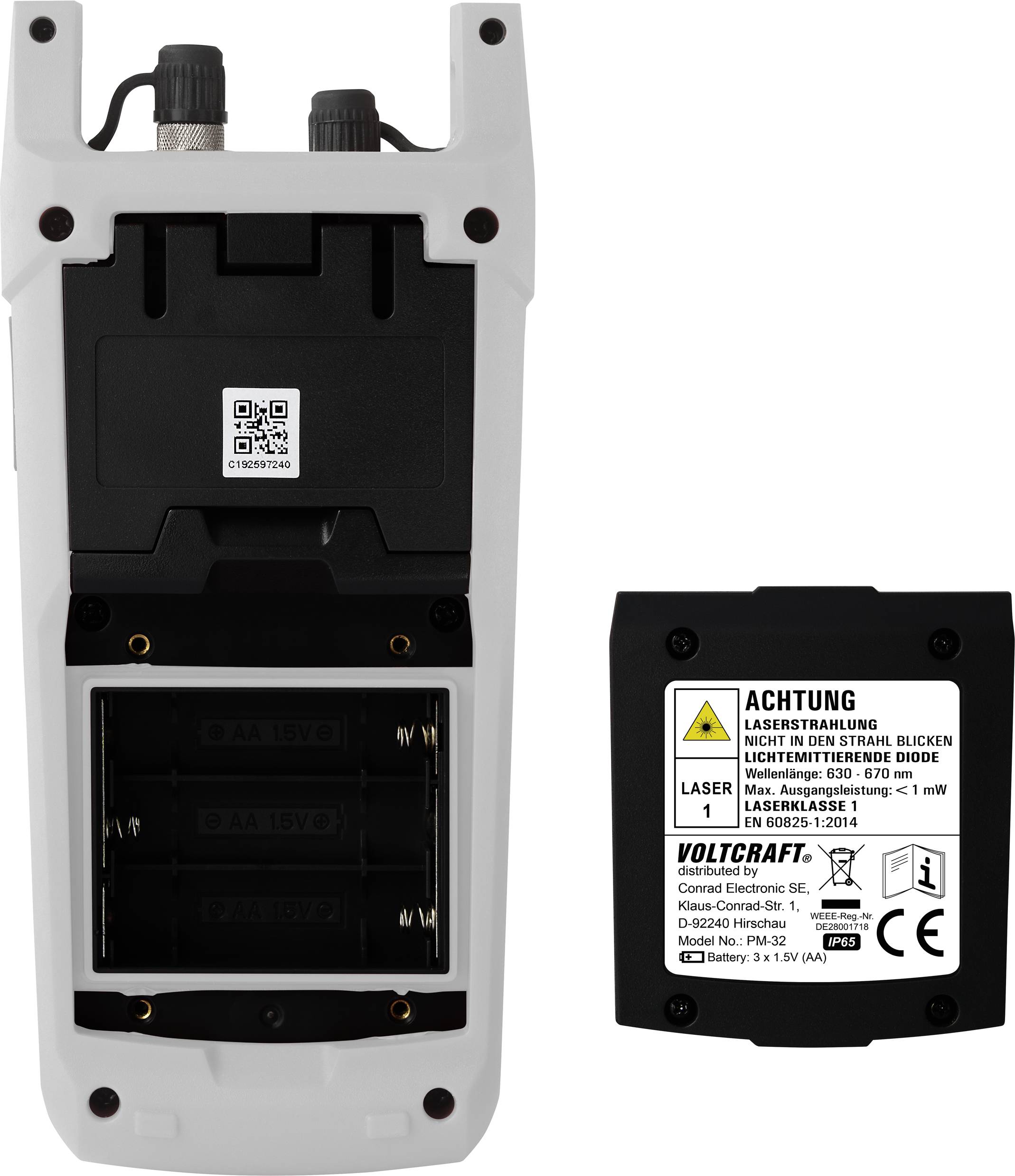 Handheld device with battery compartment open on the left, warning label 'Caution Laser Radiation' on removable part on the right.