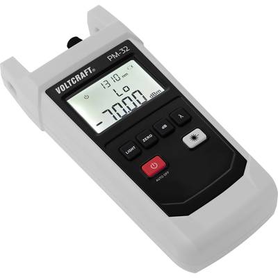 A digital optical power metre named 'VOLCRAFT PM-32', displays '-70.00 dBm' on an illuminated display.