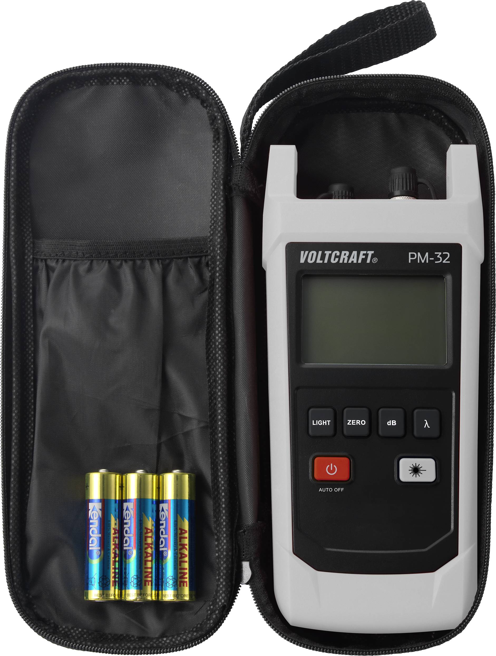 A Voltcraft PM-32 laser power metre in a black carry case. Next to it are four AA batteries.