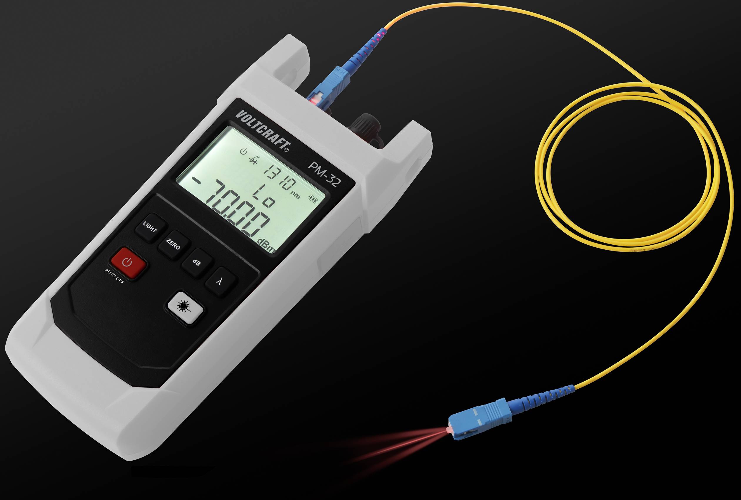 'Optical Power Meter Voltcraft PM-37 with power display and cable connection, suitable for measurements in telecommunications.'