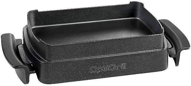 Black OptiGrill kitchen insert pan with handles, suitable for versatile cooking and grilling on the OptiGrill device.