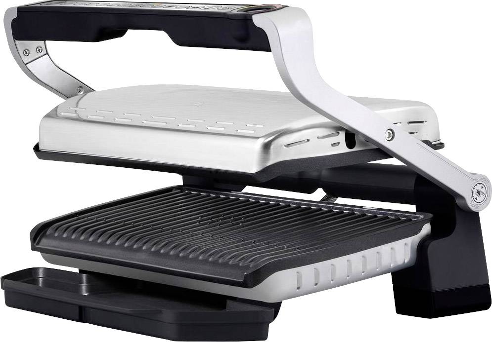 A silver electric grill with two ridged plates and a black handle. The grill is partially open and standing upright.