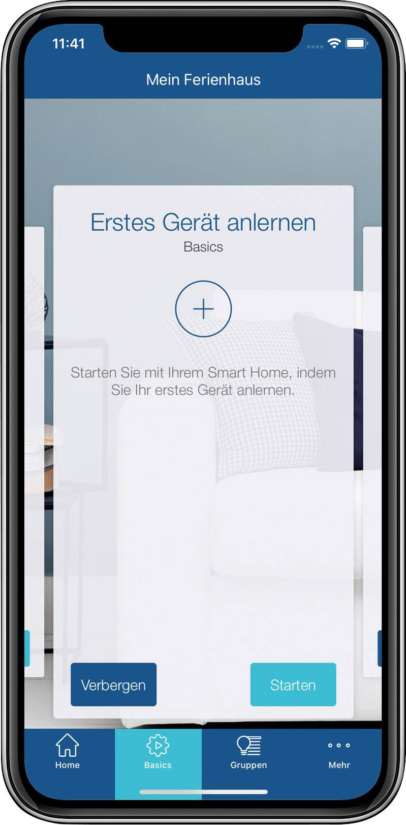 Screen of a smart home app prompting to set up the first device. Options: 'Hide' and 'Start'.
