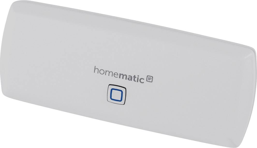 White rectangular device with 'homematic IP' written on it and a blue square button underneath.