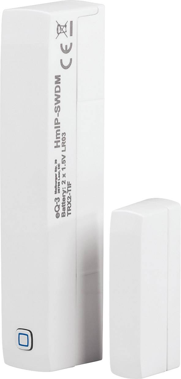 A white door/window contact with CE marking, consisting of a larger and a smaller part, signals the opening status.