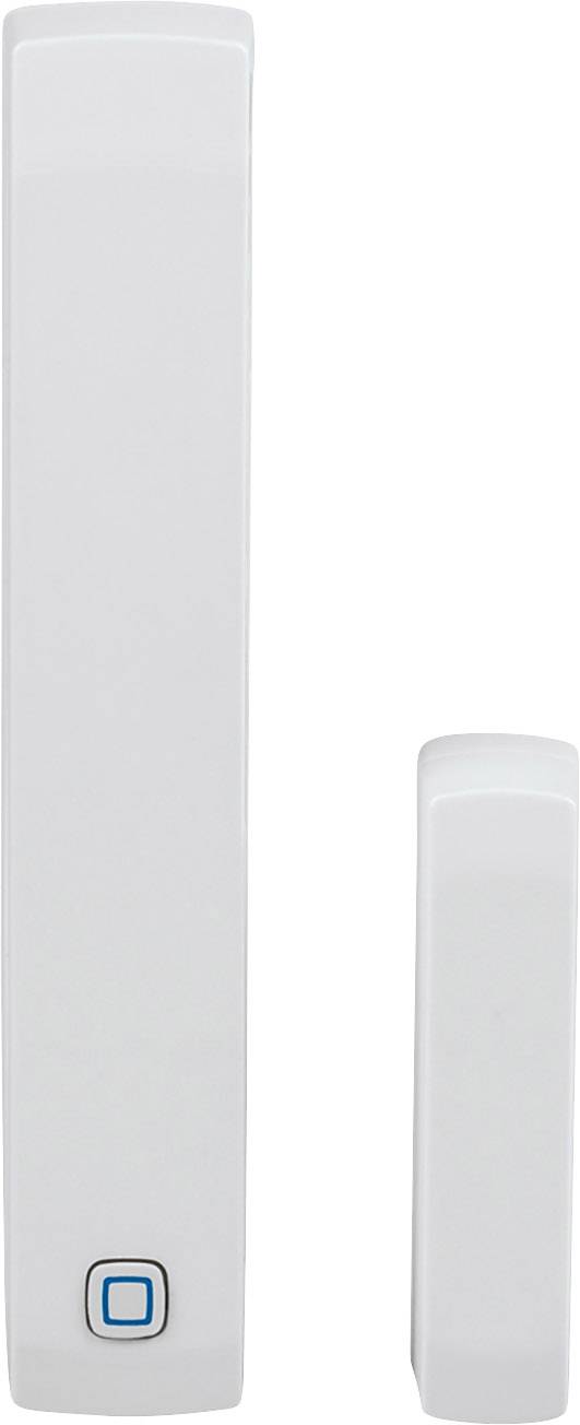 Two white magnetic sensors, the left one larger with a blue button, the right one smaller. They are used for door or window monitoring.