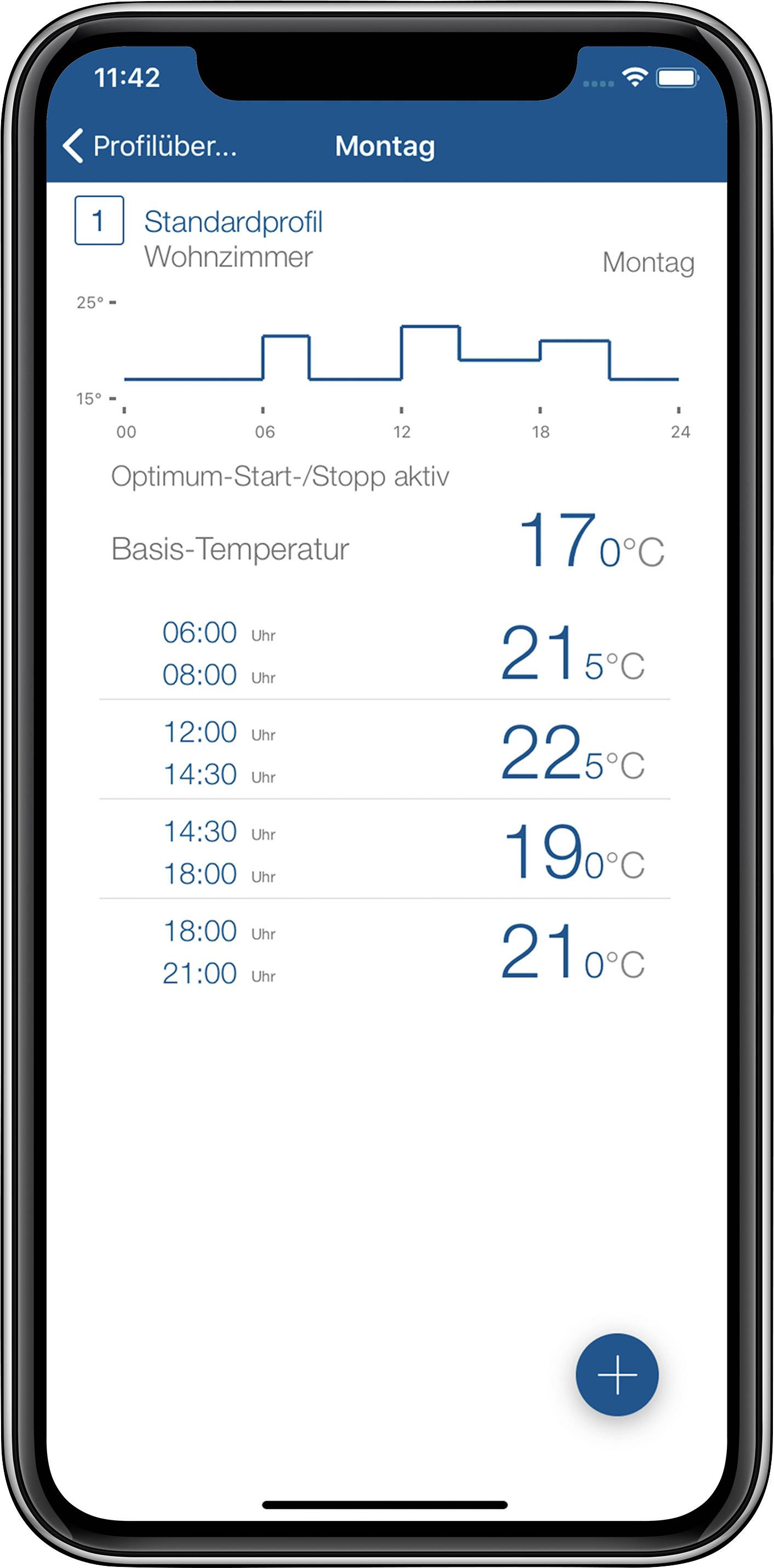 Smartphone screen displays heating control app with a temperature curve and times. Temperatures: 17-21°C, Room: Living room.