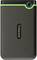 Black external hard drive by Transcend, with a green border, positioned vertically. Features a USB port and the logo in the centre.