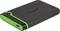 External hard drive with green border and USB connection, Transcend brand. Ideal for data storage and backup.