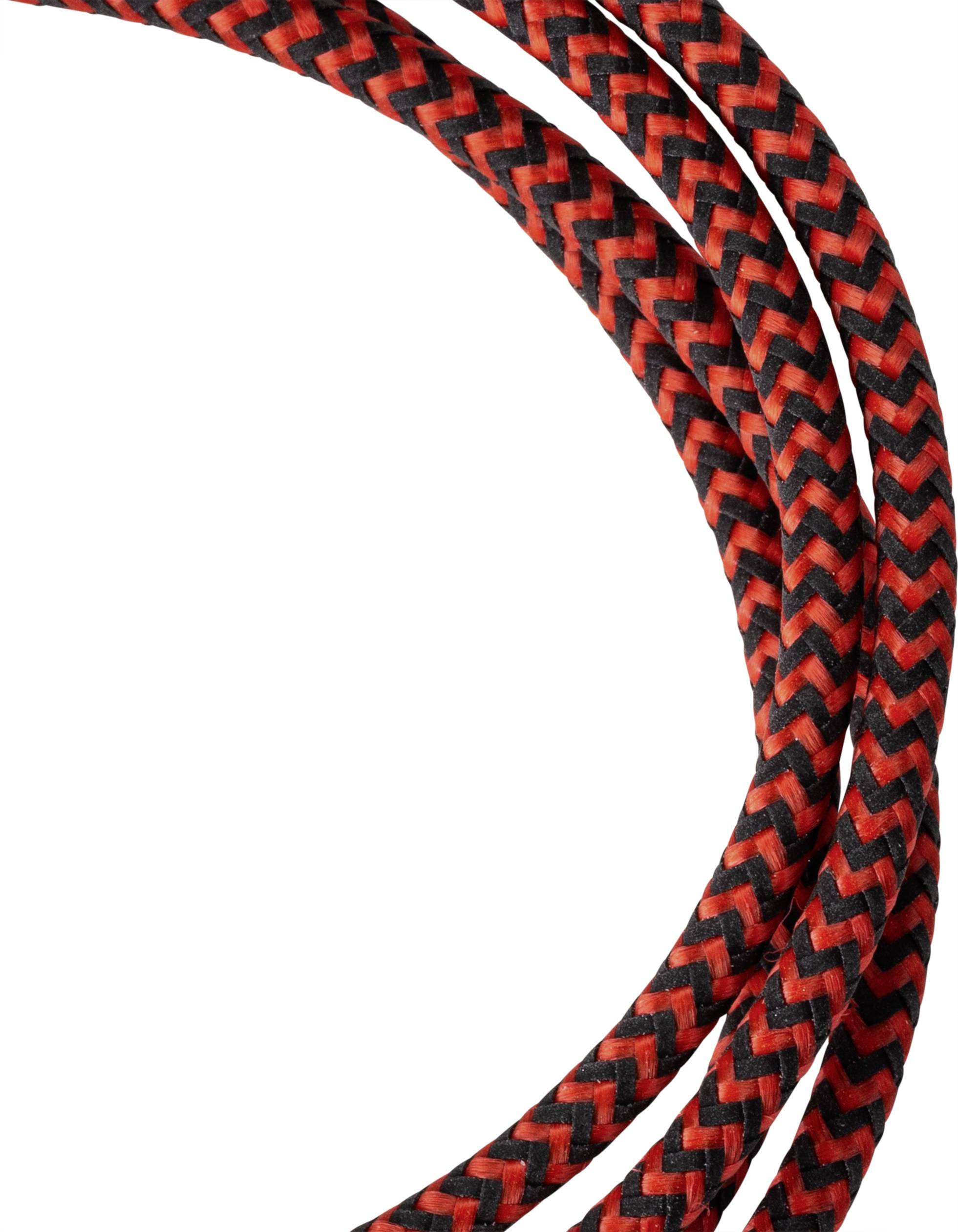 Red and black, braided cables twisting in a spiral formation, on a white background. Suitable for technological applications.