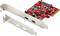A red PCIe expansion card with two USB-C ports and a silver mounting bracket for installation in a computer.
