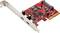 Red PCIe expansion card with two USB-C ports and silver mounting bracket, suitable for installation in a computer.