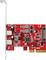 A red PCIe expansion card with two USB ports and electronic components, marked 'RoHS' and 'Made in Taiwan'.