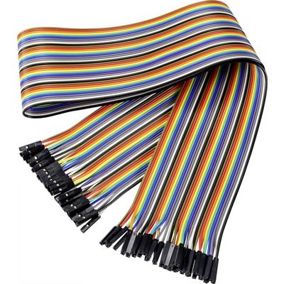 Flat multi-coloured cable with numerous conductors and connective plugs, typically used for electronic experiments or prototyping.