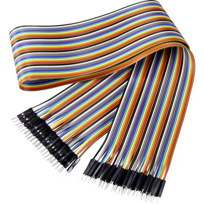 Flat ribbon cable with colourful stripes and connectors at both ends, suitable for electronic projects and circuits.