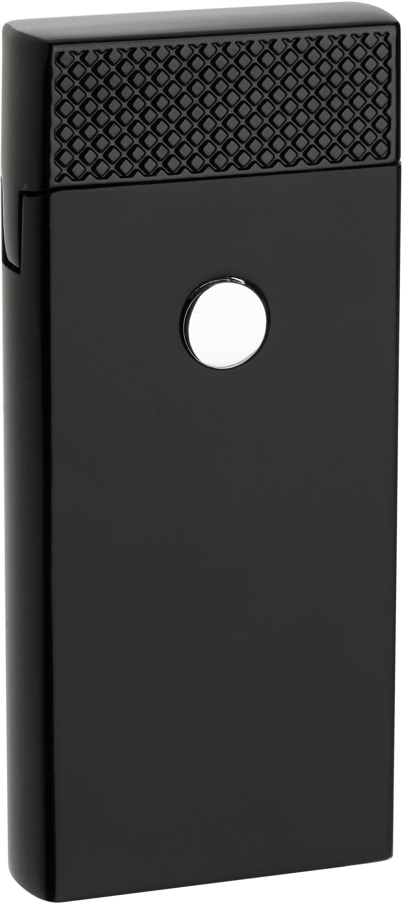 Elegant, rectangular lighter in black with a textured surface on top and a silver-coloured button in the centre.