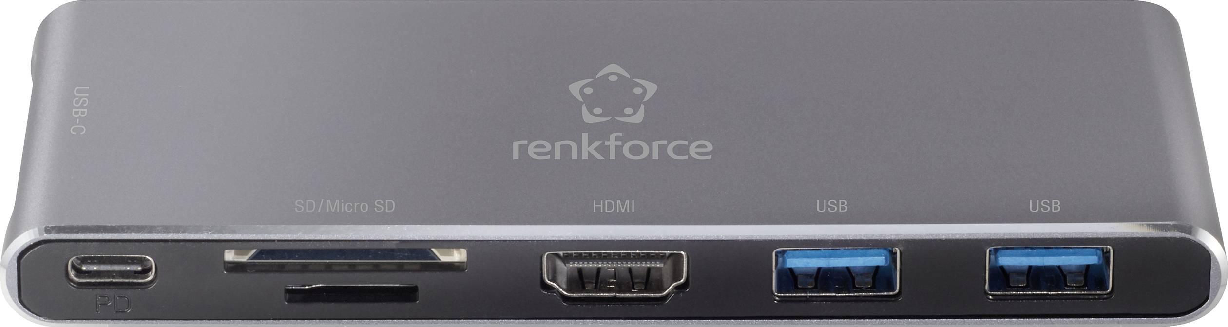 'Renkforce USB hub in rectangular design with USB-C, SD/MicroSD, HDMI and two USB 3.0 ports in black casing.'
