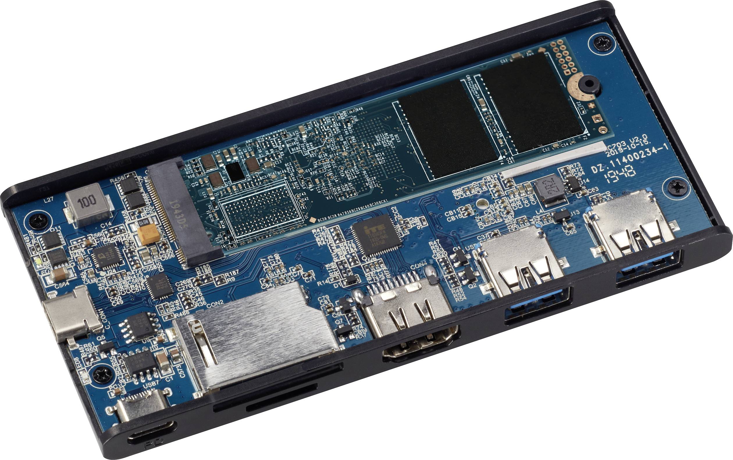 A blue circuit board with multiple ports and electronic components. It features two USB ports, an HDMI port, and an SD card slot.
